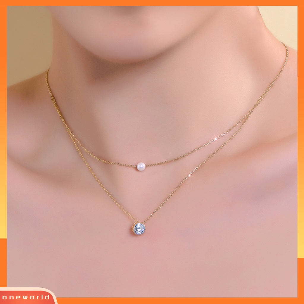 [ONE] Fashion Wanita Kalung Berlian Imitasi Mengkilap Mutiara Imitasi Double Layer Choker Rantai Kalung Perhiasan Untuk Hadiah