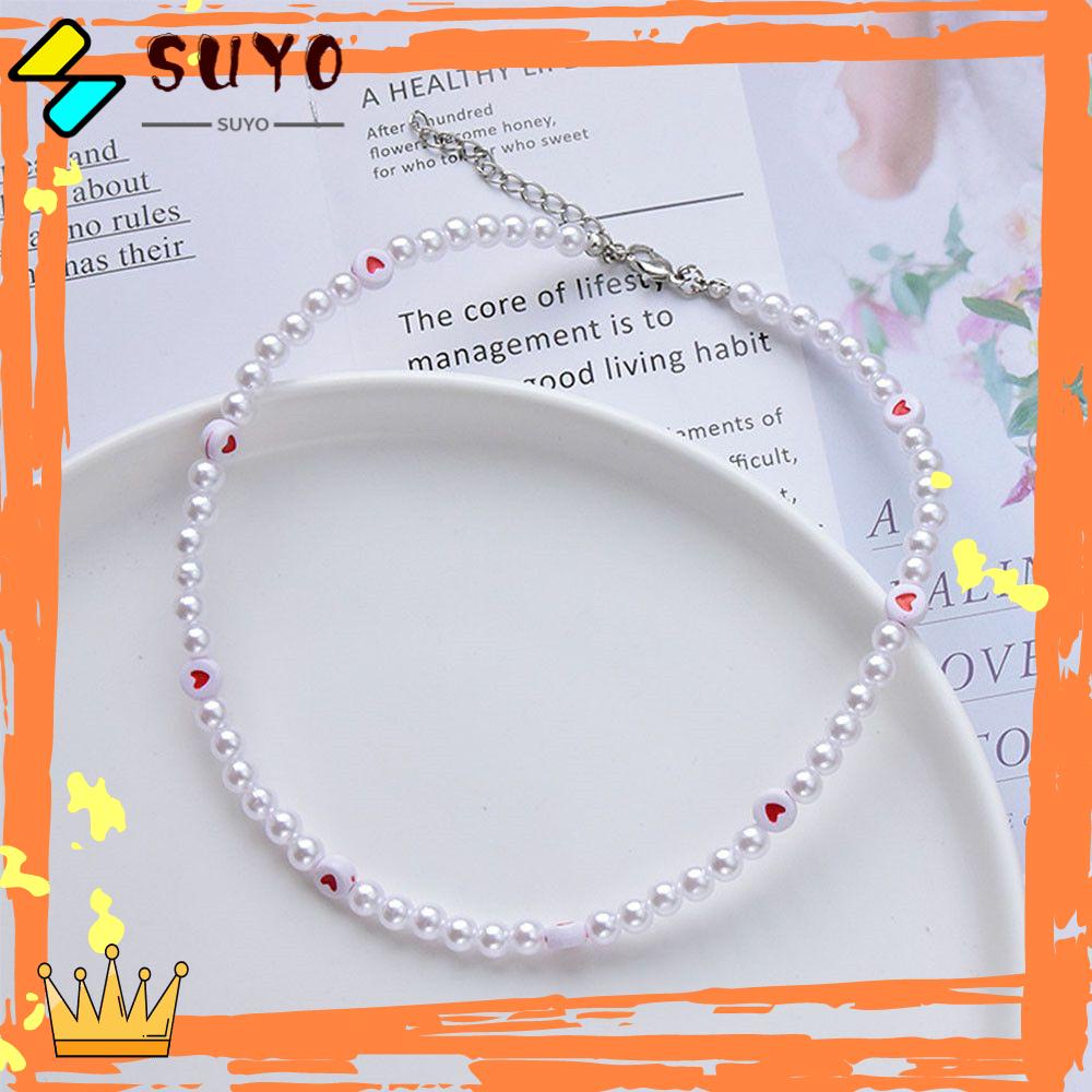 Suyo Pearl Beads Necklace White Heart Pattern Hadiah Pasangan Elegan