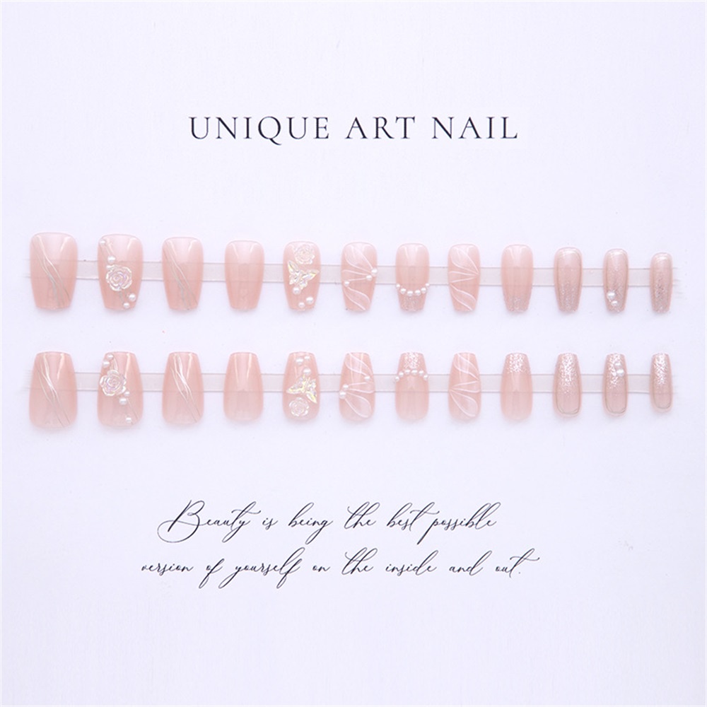 24 Pcs Peri Camelia Mutiara Kuku Palsu Wanita Gadis Dilepas Buatan Nail Patch Aksesoris