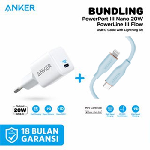 Bundling Anker Wall Charger Anker PowerPort III Nano-20W-A2633 + Kabel Charger Anker PowerLine Soft USB-C to Lightning Cable 3ft-A8662