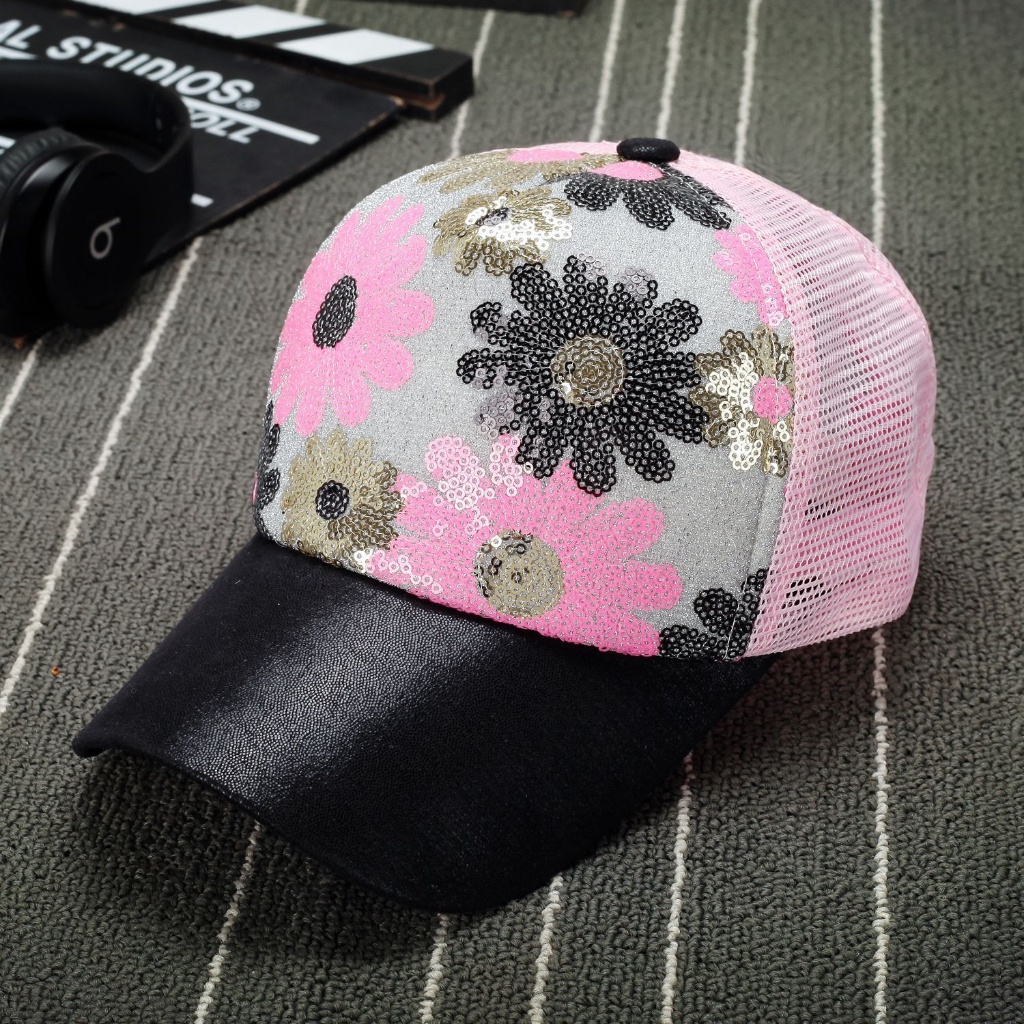 Topi Baseball Pria Wanita Motif Bunga Manik Sequin Trucker Hat Gaya Casual Kualitas Import BSBO