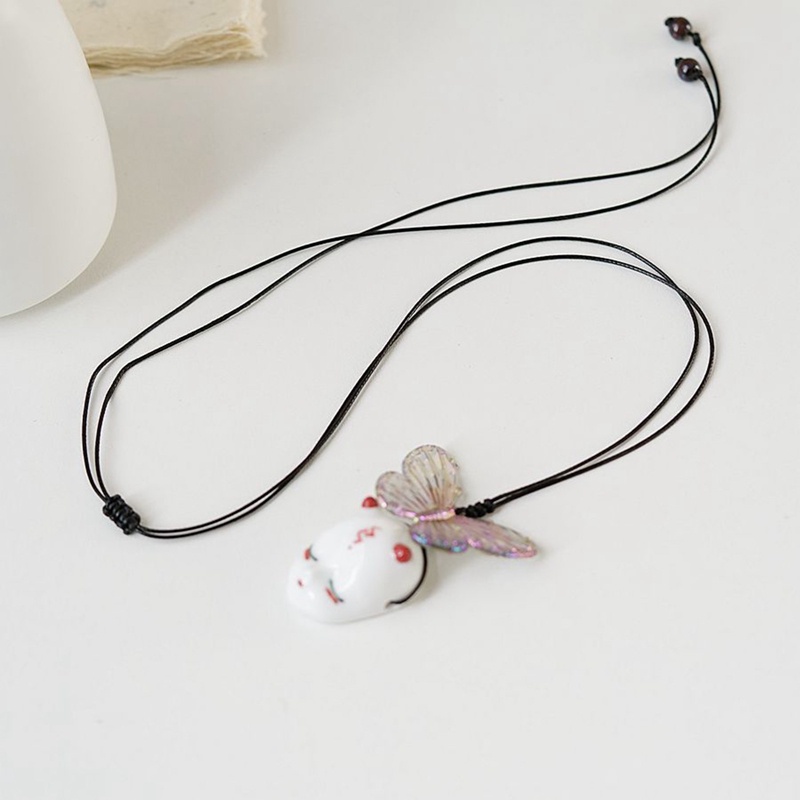 Ins Butterfly Ceramic Face Pendant Vintage Kalung Choker Untuk Wanita Perhiasan Aksesoris Hadiah