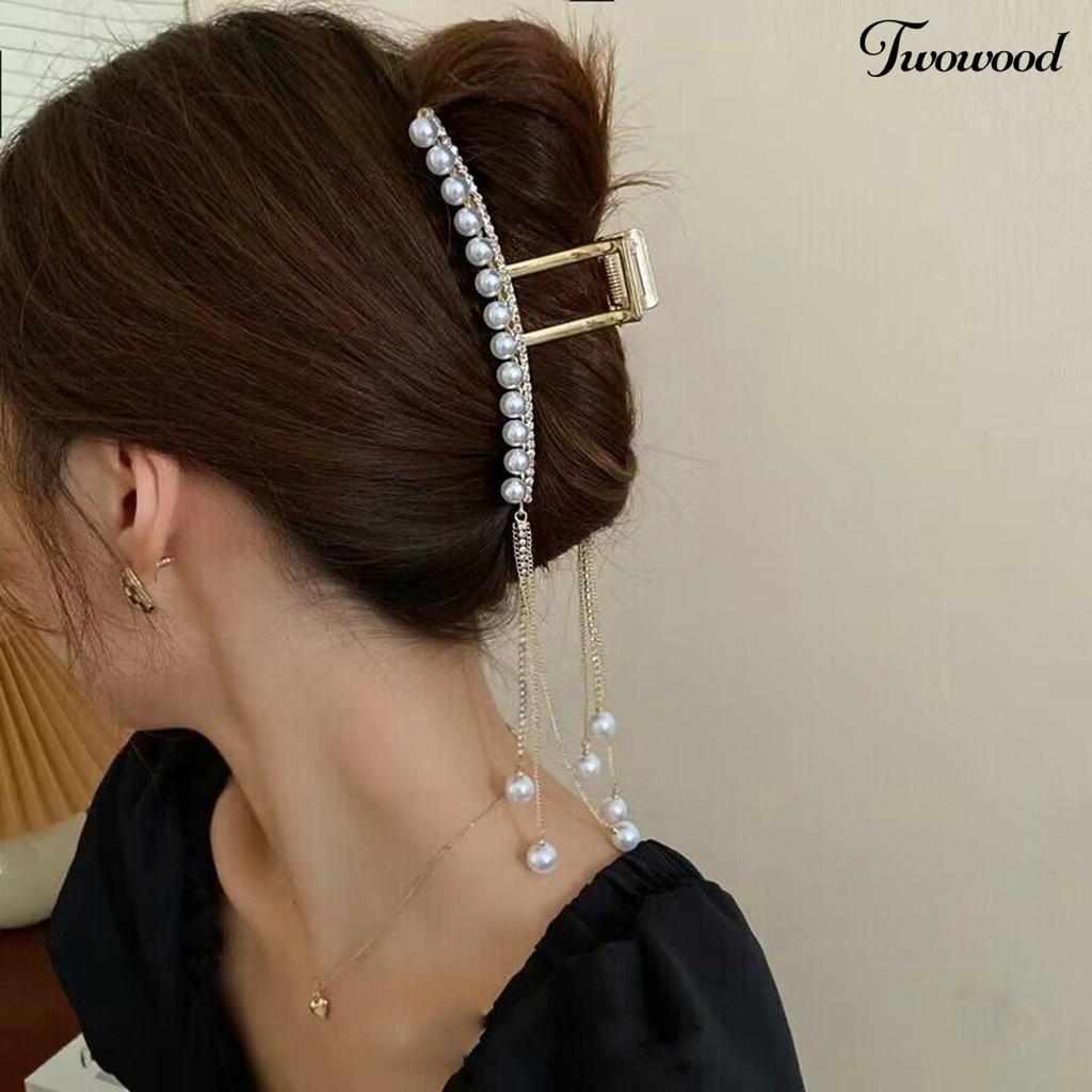 Twowood Hair Claw Clip Desain Mutiara Imitasi Berkilau Mempesona Efek Visual Non-Slip Dengan Rumbai Dress-up Semua Cocok Berlian Imitasi Penjepit Rambut Wanita Hiasan Kepala Dekorasi Untuk Wanita