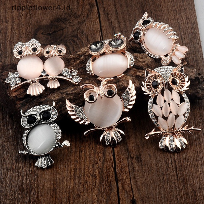 {rippleflower4.id} Indah Warna Kartun Bertatahkan Kristal Opal Batu Burung Hantu Bros Hewan Pin Syal Pin Up Gesper Femininos Bros Pasangan Kerah Perhiasan Pin~