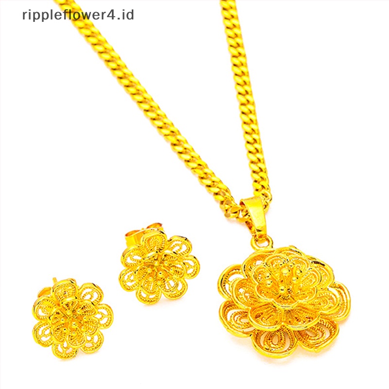 {rippleflower4.id} 1set Emas Imitasi Bunga Hadiah Pernikahan Liontin Kalung Anting Set Perhiasan Pengantin Set Perhiasan Untuk Wanita~