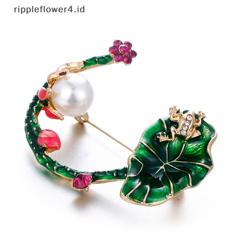 {rippleflower4.id} Enamel Lotus Bunga Daun Hijau Kodok Bros Pin Baju Kerah Pin Perhiasan Hadiah~