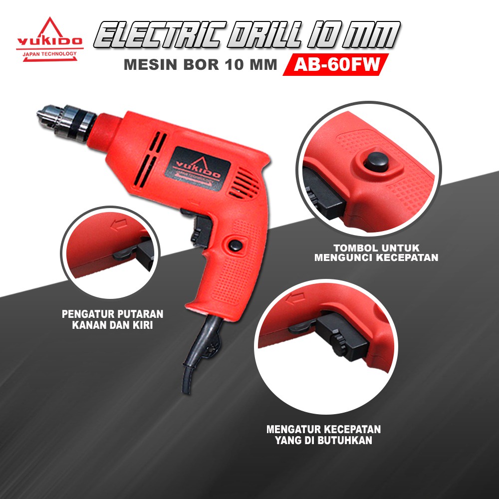 YUKIDO Bor Listrik 10mm Tangan Kayu Besi Electric Drill 10 mm Reversible Bolak Balik