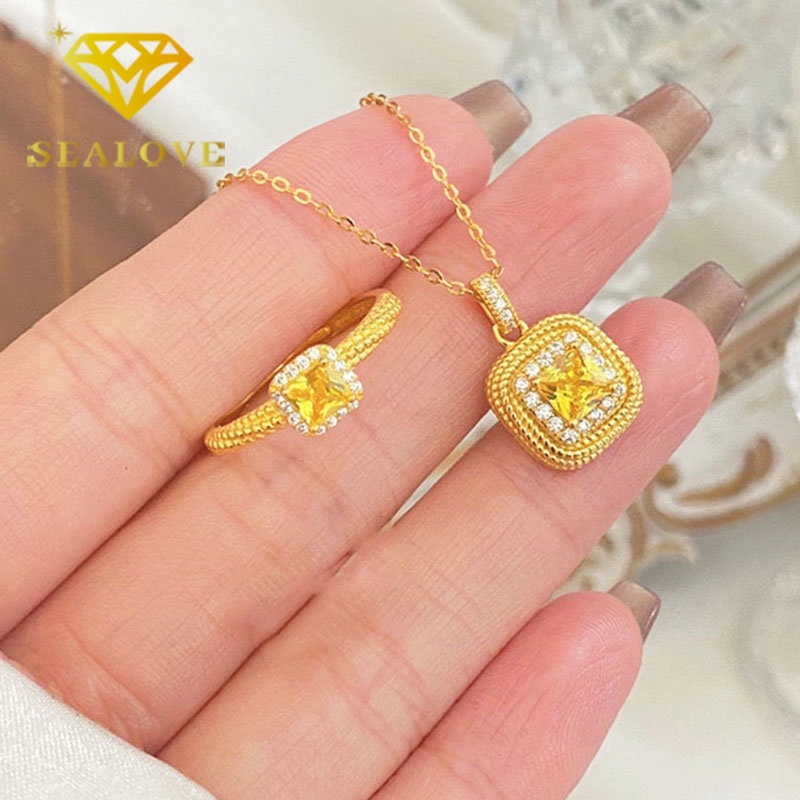 Cincin Titanium Wanita Anti Karat Asli Berlian Kristal Kuning Emas 18K Mewah Cantik Korea Aksesoris Perhiasan