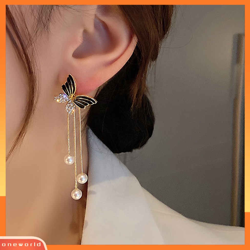 [WOD] 1pasang Anting Menjuntai Mutiara Imitasi Rumbai Berlian Imitasi Mengkilap Bertatahkan Temperamen Semua Pertandingan Perhiasan Hadiah Multi-Wear Wanita Fashion Kupu-Kupu Studs Earrings Untuk Pakaian Sehari-Hari