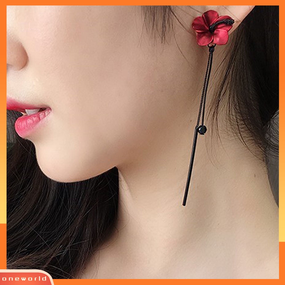 [WOD] Fashion Wanita Bunga Panjang Rumbai Rantai Liontin Drop Menjuntai Stud Earrings Perhiasan