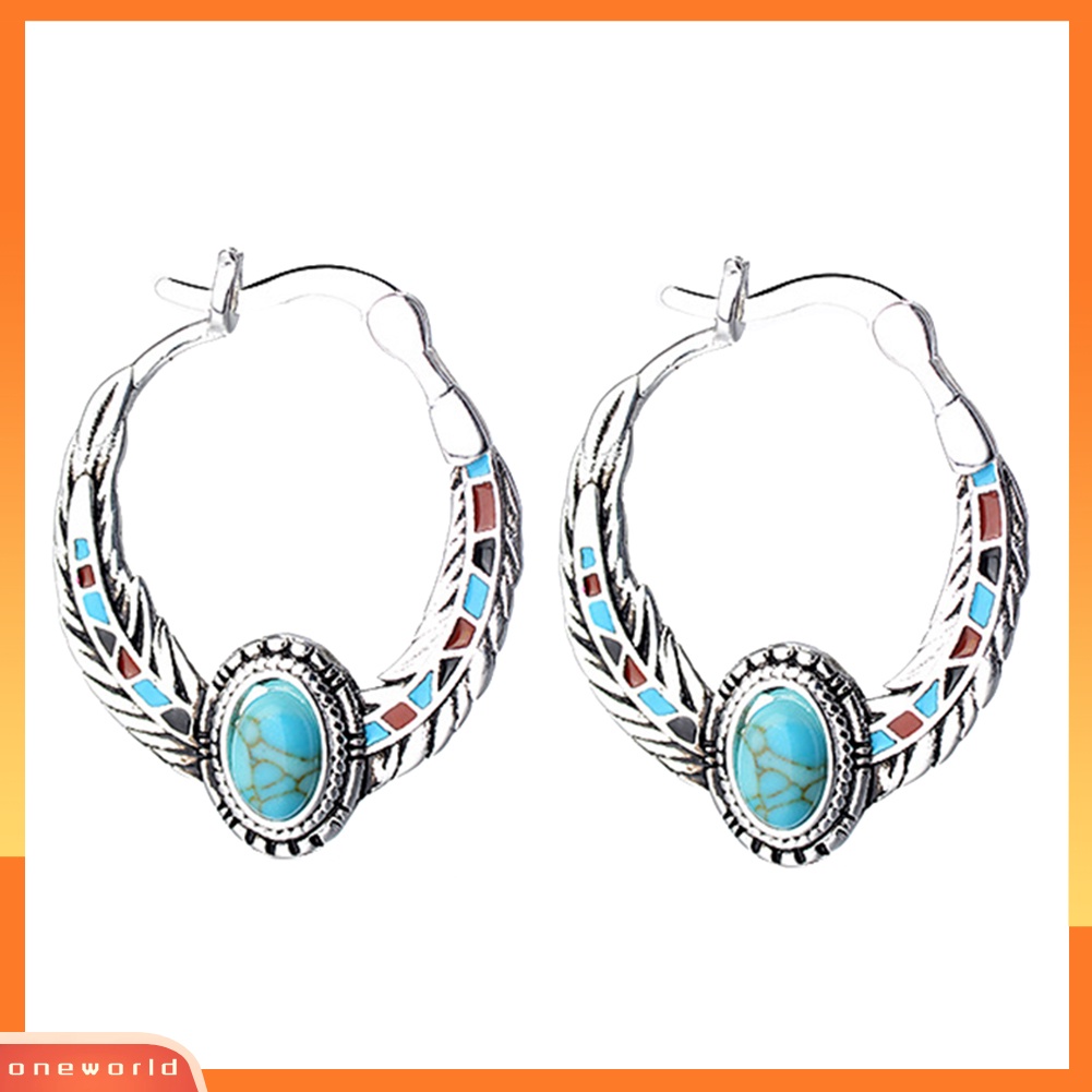 [WOD] Bohemian Wanita Faux Turquoise Eagle Feather Ukir Huggie Anting Perhiasan Decor