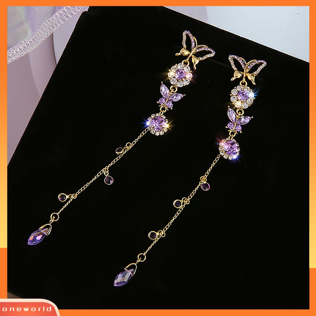 [WOD] 2pcs /Set Anting Elegan Butterfly Alloy Ungu Kristal Imitasi Menjuntai Drop Untuk Anniversary