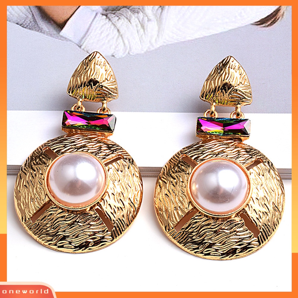 [WOD] 1pasang Anting Wanita Bulat All-match Alloy Mutiara Imitasi Berlebihan Drop Earring Untuk Belanja