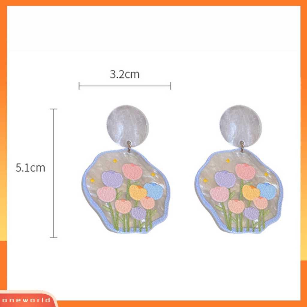 [WOD] 1pasang Akrilik Drop Ear Stud Geometris Desain Bunga Manis Menjuntai Anting-Anting Aksesoris Telinga