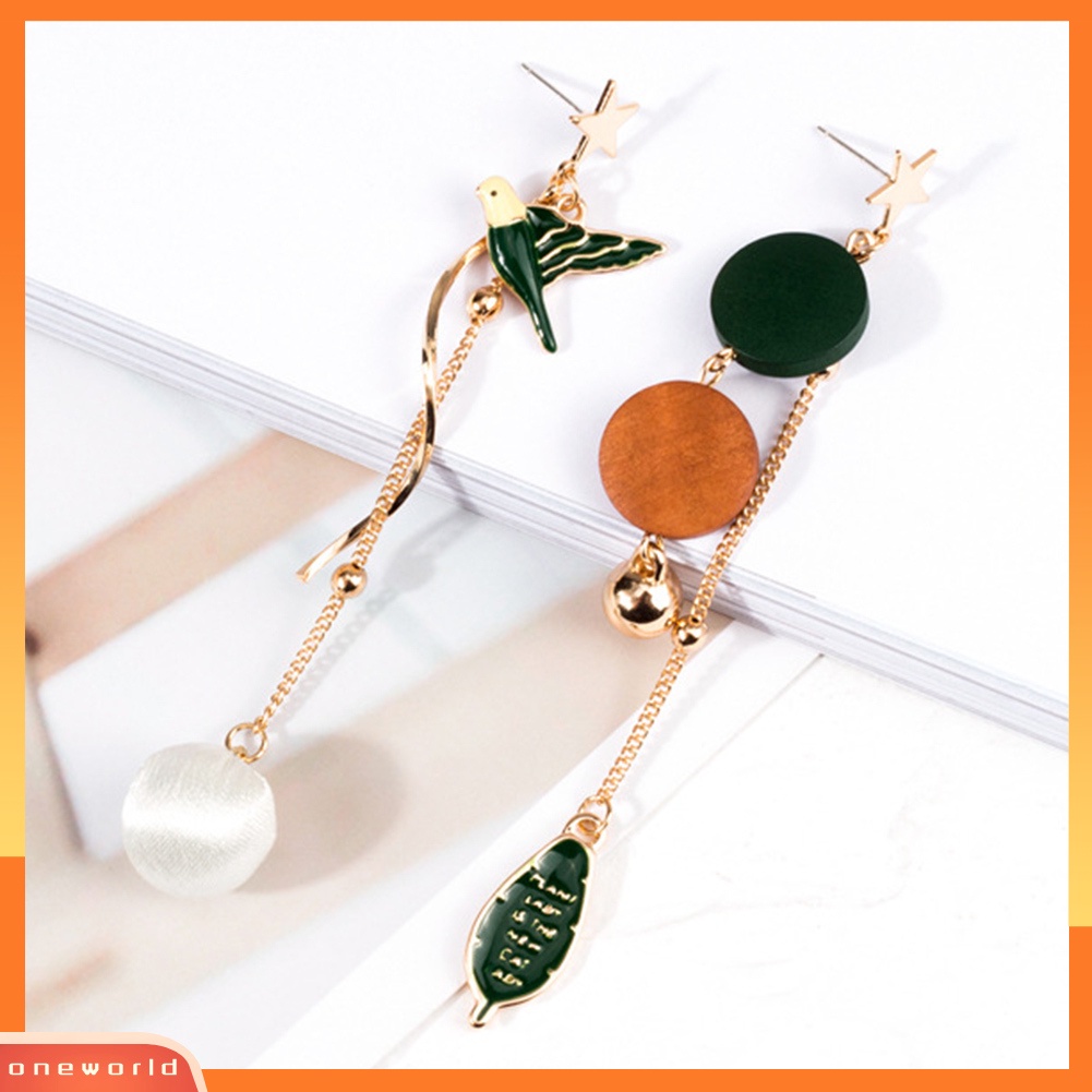 [WOD] Fashion Wanita Panjang Rumbai Daun Burung Asimetris Menjuntai Stud Earrings Perhiasan