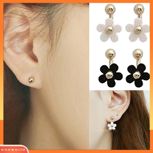 [WOD] Dua Pasang Wanita Daisy Golden Ball Petal Rear Wear Double Side Ear Stud Earrings