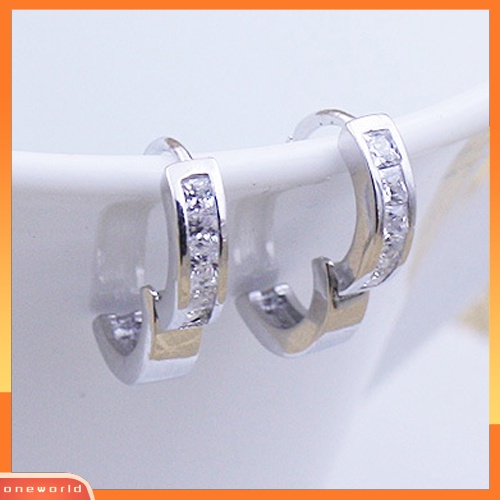 [WOD] Fashion Pria Perak Berlapis Bulat Kecil Persegi Berlian Imitasi Hoop Huggie Earrings