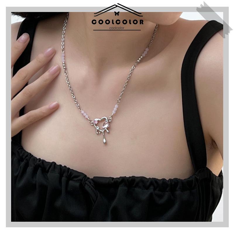 COD❤️Kalung Pendek Pendek Mewah Premium Pink Zirkon Manis Keren Kalung Cinta Tetesan Cair- cl