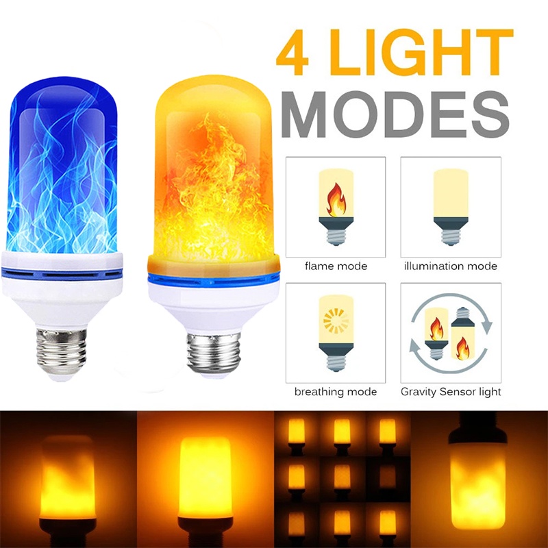 4 Mode Efek Api Bohlam Dekoratif LED Api Biru Dinamis Lampu E27 Lampu Tidur Lampu Api