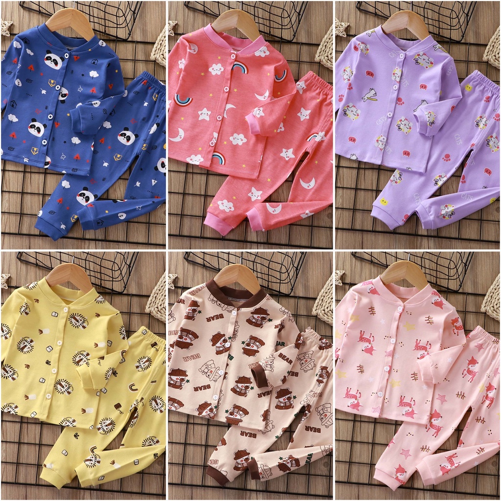 ❤️ 𝐃𝐤𝐢𝐝𝐬 ❤️ BJ010 COD Setelan Baju Kacing Lengan Panjang Celana Panjang Set Baju Anak Bayi Piyama kancing Piyama Baju Import