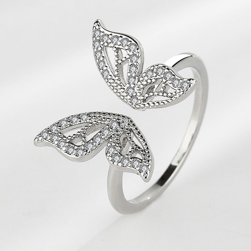 Korea Emas Berongga Kupu-Kupu Kubik Zirkon Tembaga Cincin Untuk Wanita Adjustable Terbuka Desain Pave Zirkon Butterfly Ring Pernikahan Perhiasan Hadiah