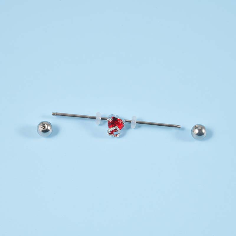 1biji Anting Barbel Industri Merah Hati Bentuk Bunga Stainless Steel 16Gauge Piercing Stud Unisex