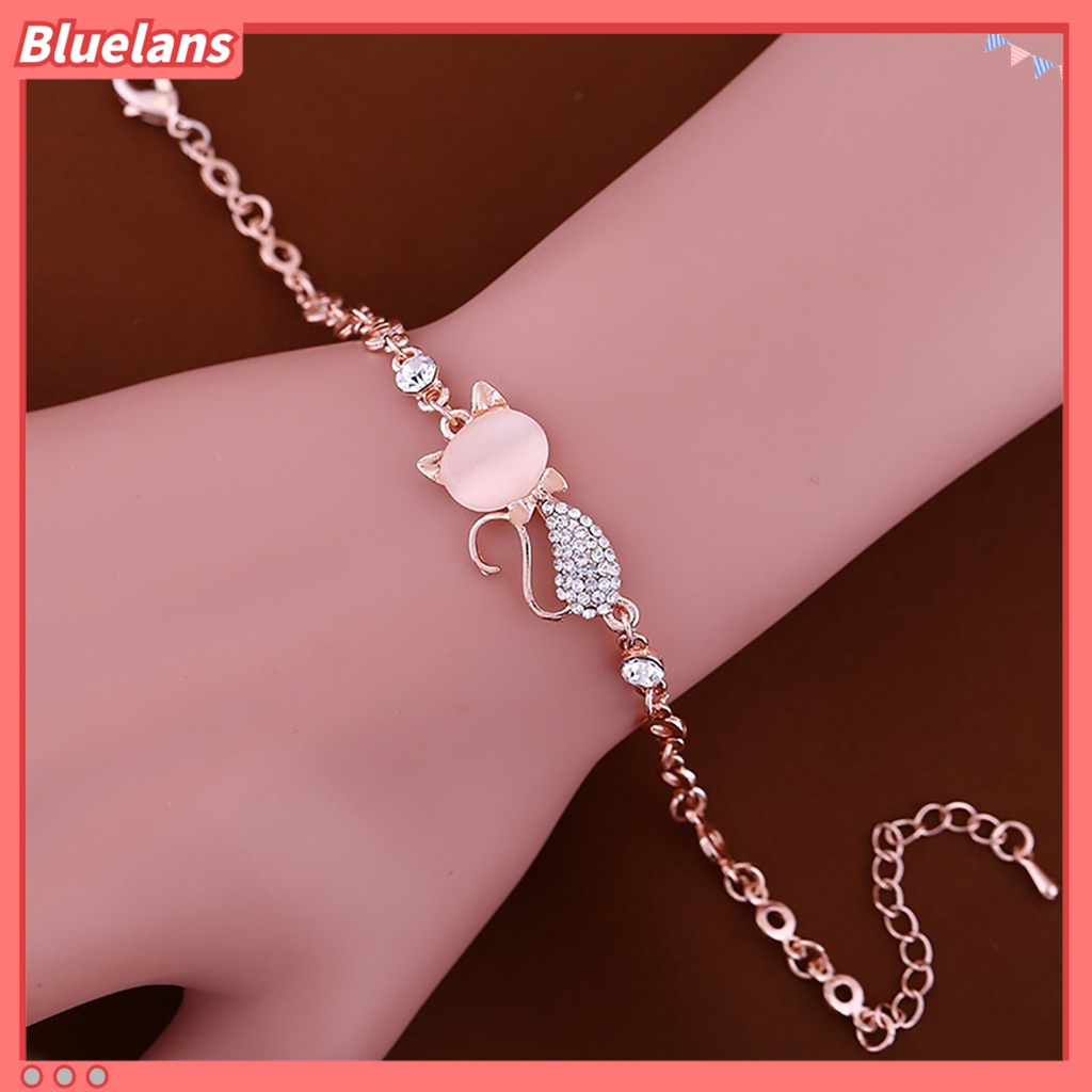 [BLS] Wanita Ladies Lovely Cat Pendant Opal Berlian Imitasi Bangle Gelang Rantai Perhiasan Untuk Kehidupan Sehari-Hari