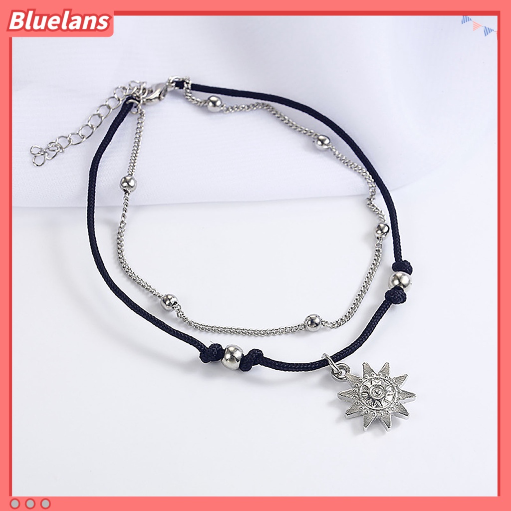 [BLS] Gelang Kaki Wanita Liontin Matahari Gaya Bohemian Rantai Ganda Beads Decor Alloy Ankle Chain Untuk Pakaian Sehari-Hari