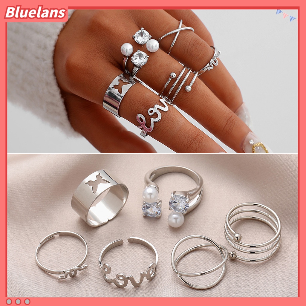 [BLS] 6pcs Cincin Jari Huruf Kupu-Kupu Mutiara Imitasi Pria Wanita Pembukaan Adjustable Ins Style Rings Fashion Jewelry