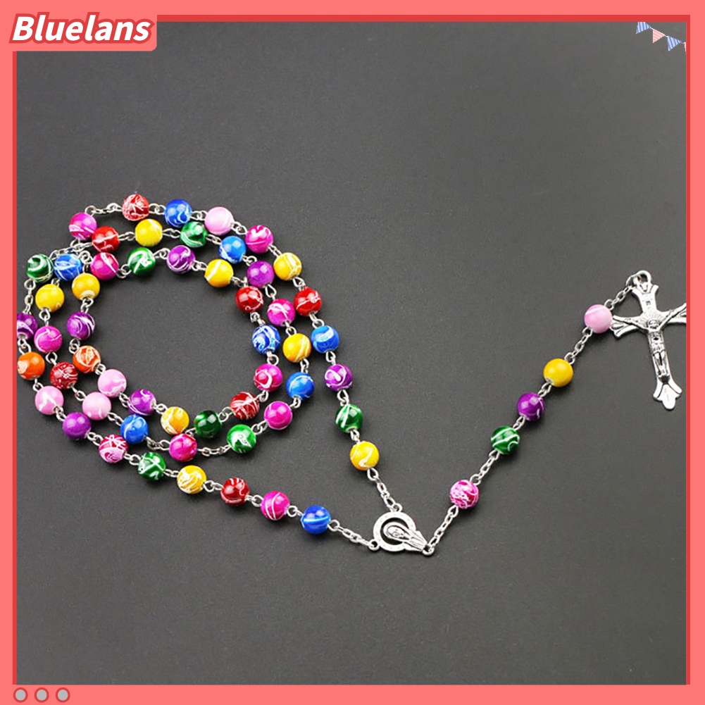 [BLS] Wanita Kristen Katolik Rosario Manik Jesus Cross Pendant Strand Kalung Perhiasan