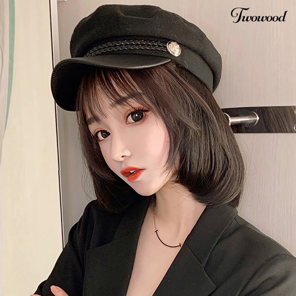 Twowood Wanita Bergaya Bob Lurus Pendek Wig Sopak Rambut Ekstensi Dengan Topi Muncak