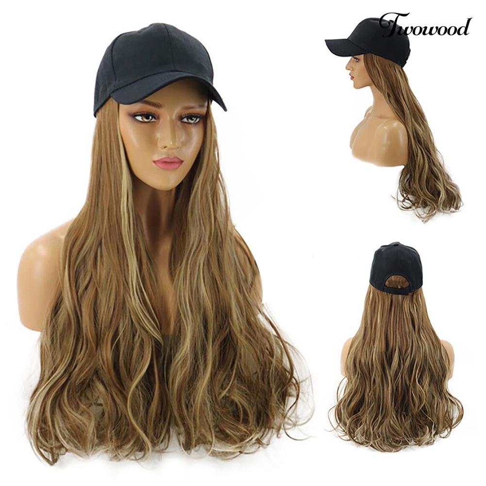 Twowood Wanita Gelombang Panjang Wig Sopak Rambut Sintetis Ekstensi Dengan Topi Baseball Cap