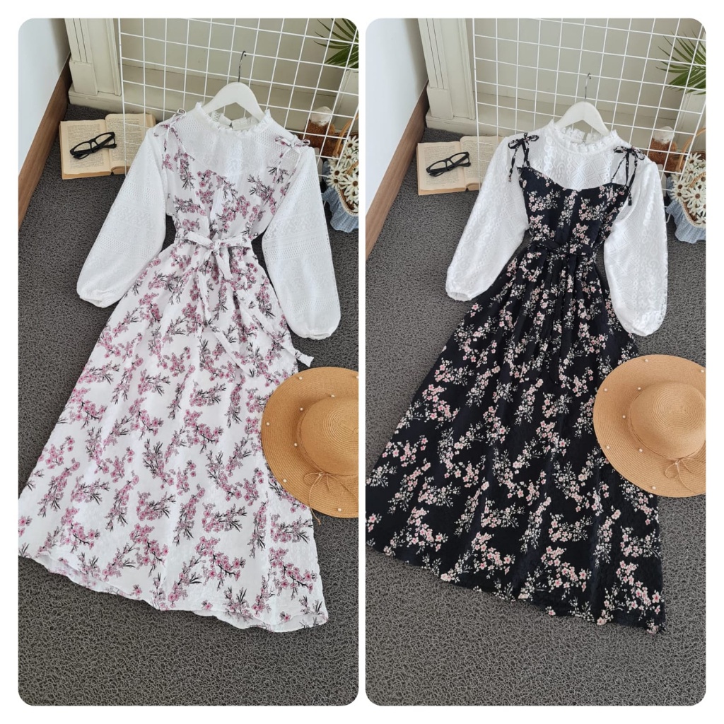 DRESS HAGIA FASHION PAKAIAN WANITA DRESS GAUN BAHAN CRINKLE MOTIF KOMBI BRUKAT MALIKA MS Hagia Overa