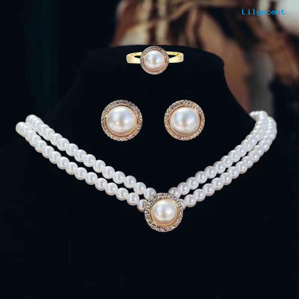 [LS]1 Set Kalung Pengantin Gaya Perancis Vintage Temperamen Double Layer Elegan Hadiah Hypoallergenic High Gloss Mutiara Imitasi Anting Cincin Perhiasan Pernikahan