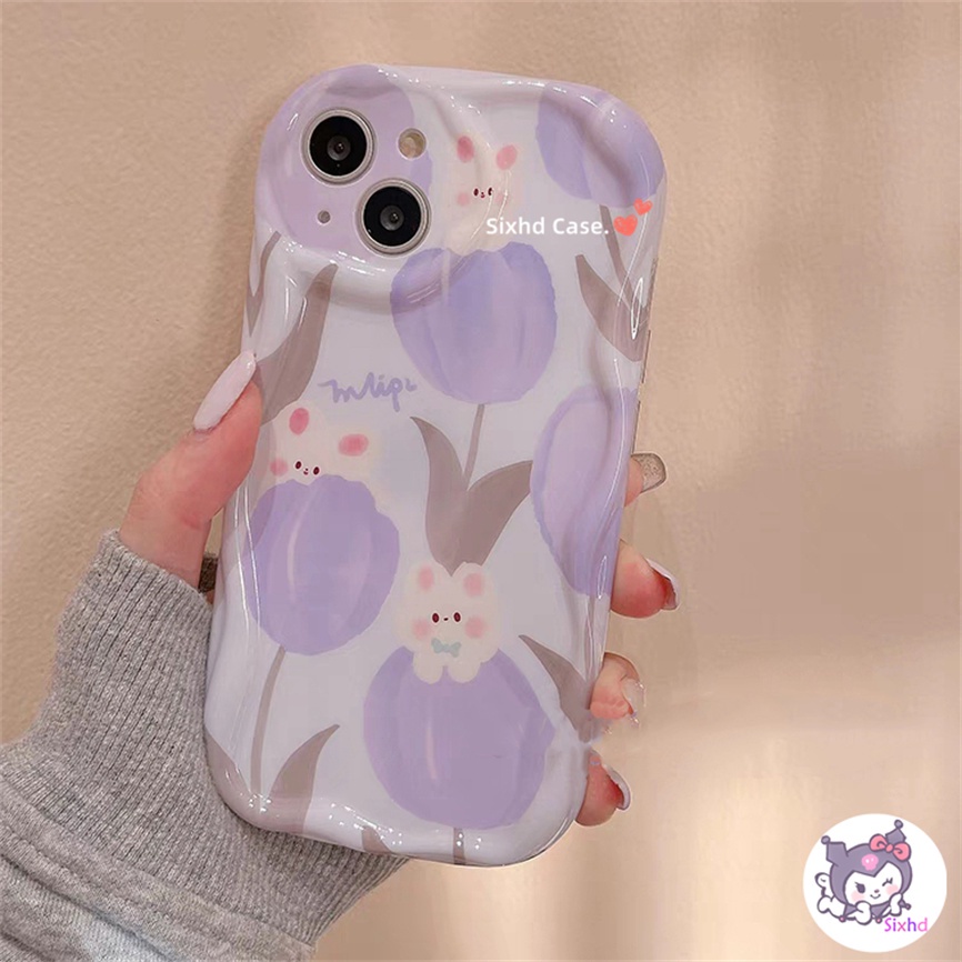 IPHONE Kompatibel Untuk Iphone14 13 12 11 Pro Max SE2020 X Xr Xs Max8 7 6 6s Plus Ungu Fashion Tulip 3D Tepi Melengkung Gelombang Glossy Shockproof Phone Case Soft Cover