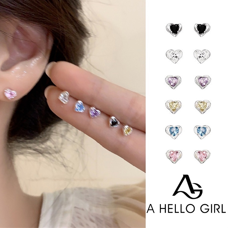 Ahellogirl Fashion Anting Zircon Anti Alergi Stainless Steel Berbentuk Hati Untuk Wanita Cewek