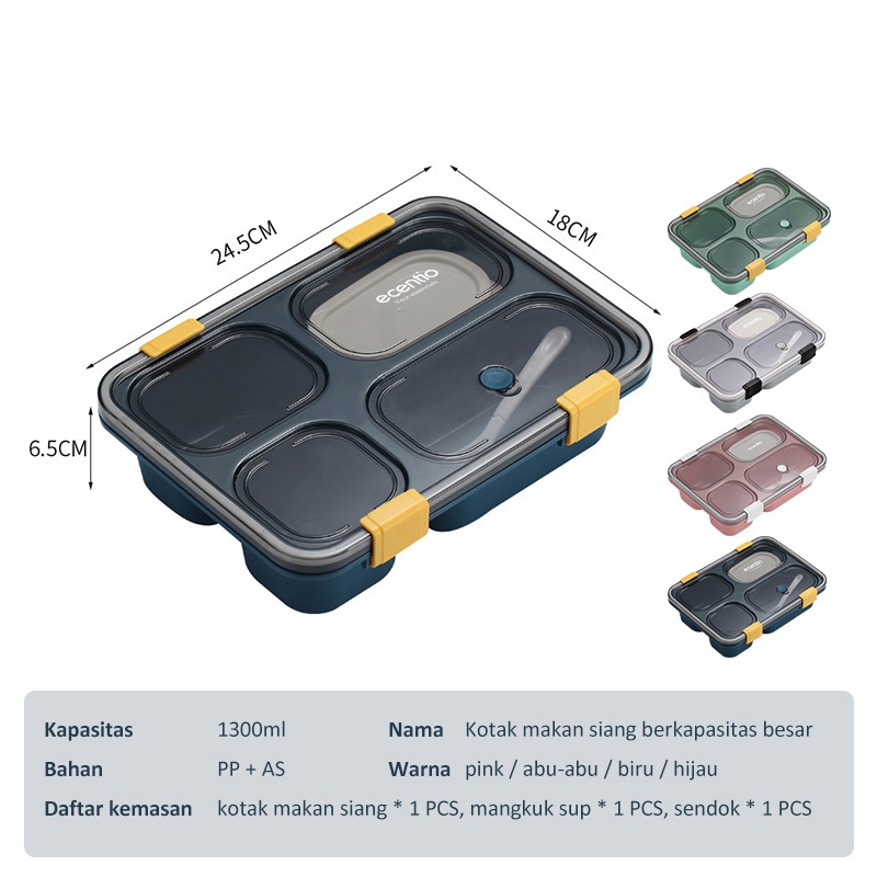 ecentio Kotak bento 4/3 Grid lunch box/disegel kotak makan/tempat makan dan sendok1400/850ml