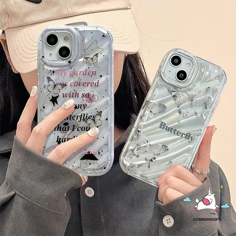 IPHONE Case Kupu-Kupu Idaman Kreatif Kompatibel Untuk Iphone11 14 13 12 Pro MAX 7Plus XR X7 8 6 6S Plus XS MAX SE 2020 3D Stereo Korgasi Huruf Sederhana Mewah Dazzle Color Card Case