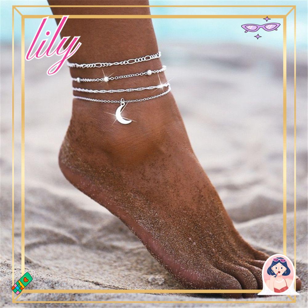 Lily 4PCS /Set Gelang Kaki Bulan Boho Manik-Manik Warna Silver Multilayer Barefoot Anklet