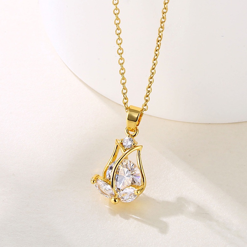 Fashion Wanita Korea Zirkon Tulip Liontin Emas 18K Kalung Hadiah Pacar XL23025