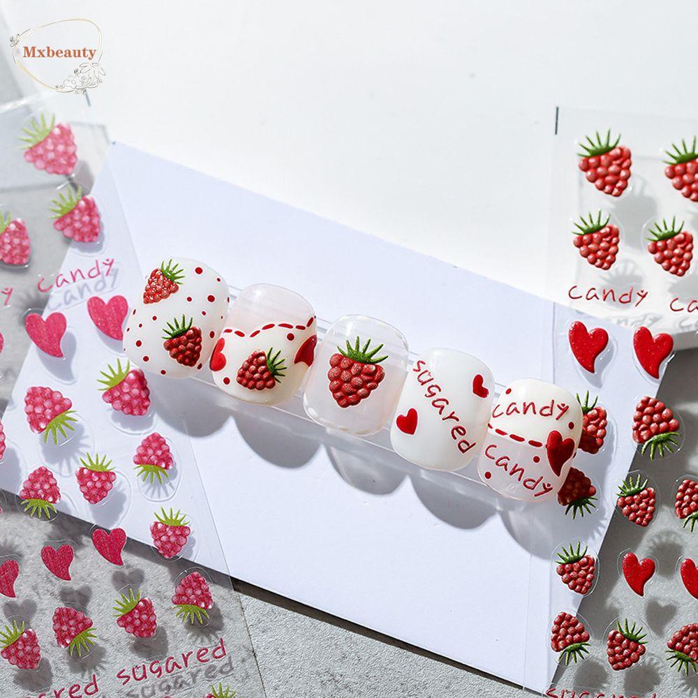 Mxbeauty Bunga Stiker Kuku 3D Relief Raspberry Lemon Fruits DIY Dekorasi Nail Art