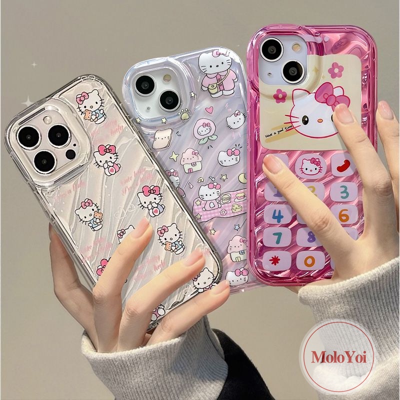 Casing Tombol Ponsel Digital Kartun Hello Kitty Vintage Kompatibel Untuk IPhone XR XS X Max 7Plus 7 6 8 6S Plus 11 13 14 12 Pro Max SE 2020 Kartu Laser Korgasi Stereo 3D Soft Cover