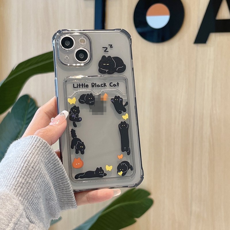 Card Case Sleep Black Cat Soft Case HP iP iPhone 14 13 12 11 Pro X XS XR Max 7 8 + Plus FTD Casing Apple