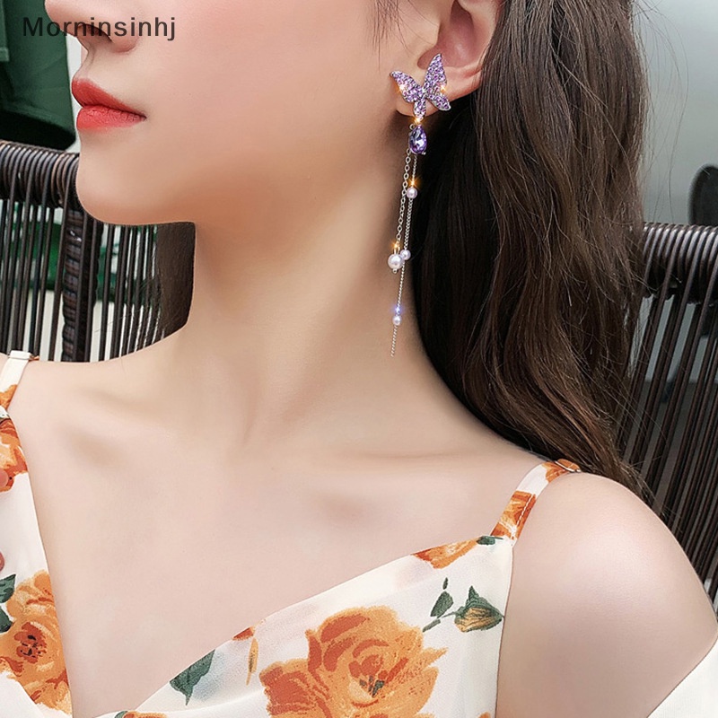 Mornin Anting Drop Kupu-Kupu Kristal Ungu Untuk Wanita Mutiara Rumbai Rantai Berlian Imitasi Perhiasan Anting Pendientes id