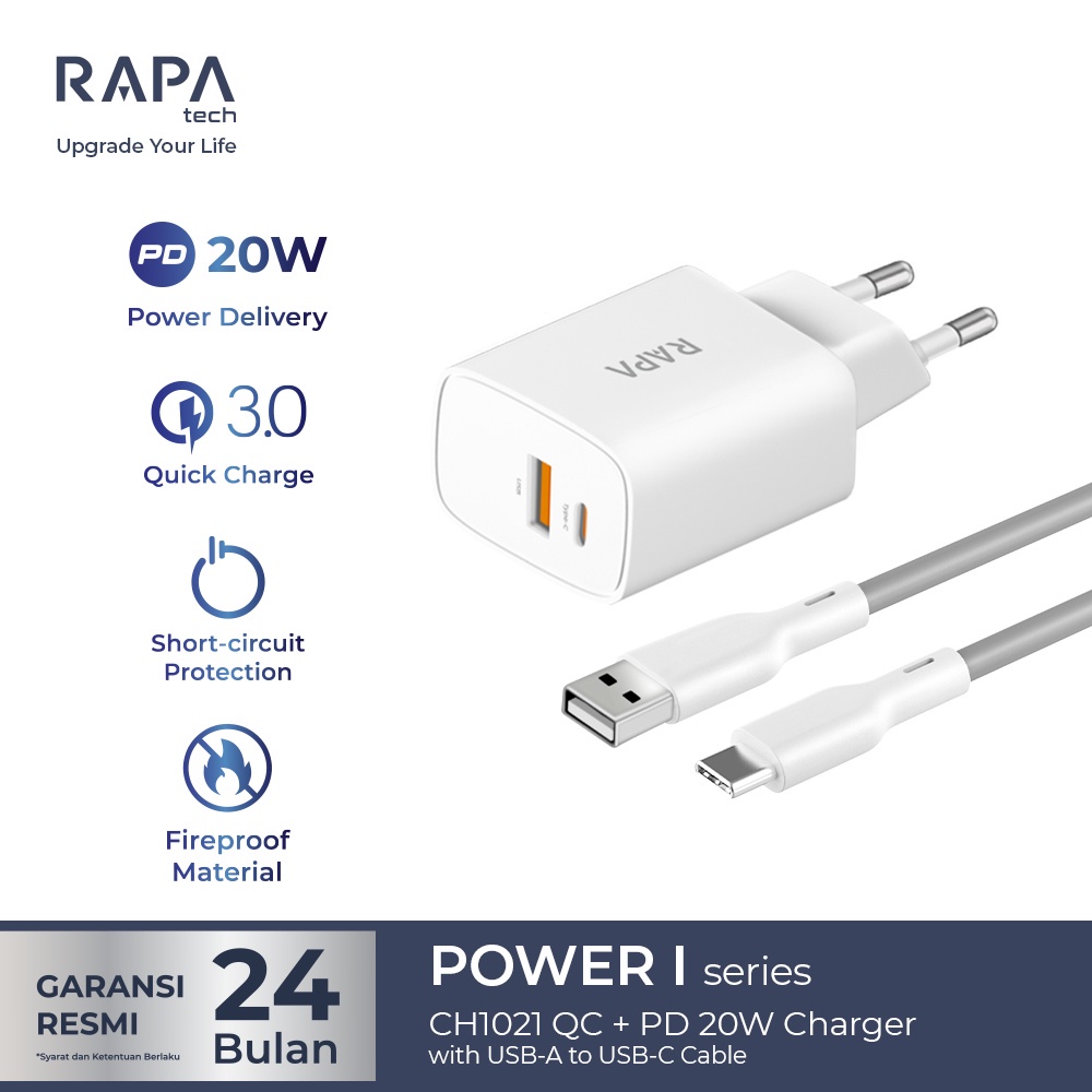RAPAtech Charger POWER I (QC+PD20W) with USB to C Cable Premium Quaity Best Seller Murah Meriah