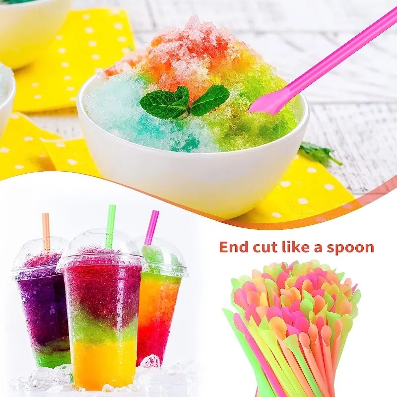 100pcs Sedotan Sendok Pengaduk Warna-Warni/Sendok Minum Plastik Sekali Pakai/Sedotan Minuman Frozen 2-In-1/sendok Milkshake Es Krim/Perlengkapan Bar Dapur Alat Makan