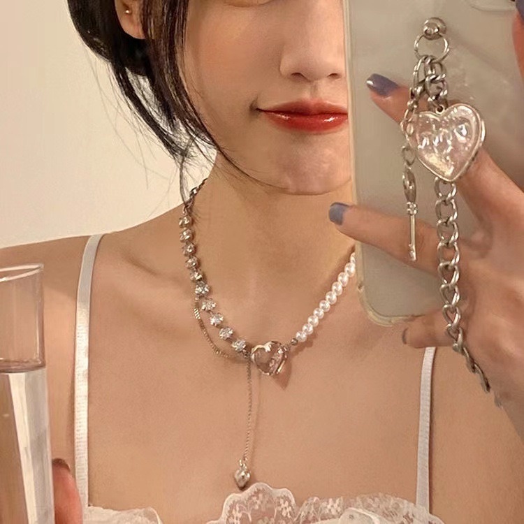 Hyein Necklace Y2k Pearl Mutiara Hati Heart Love Pink Kalung