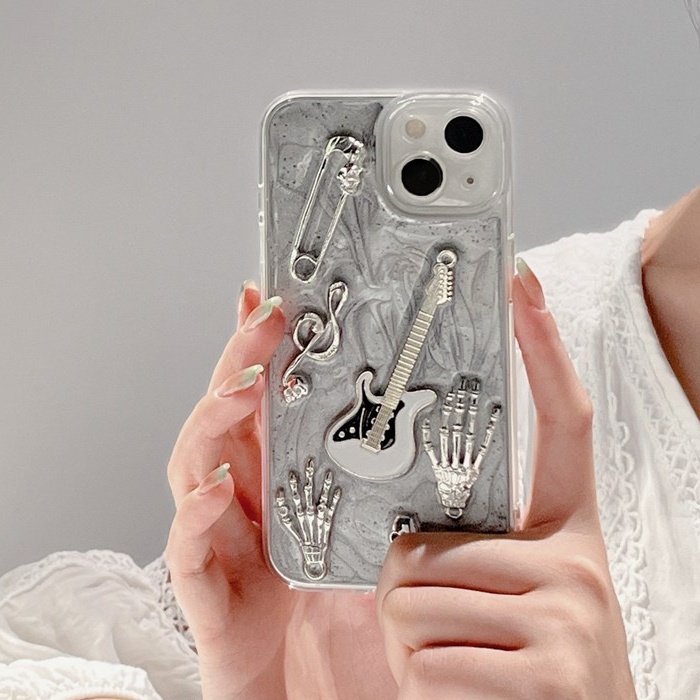 Silver Grey Pigment Metal Guitar Soft TPU Case HP iP iPhone 14 13 12 11 Pro X XS XR Max 7 8 + Plus SE 2020 2022 Drop Glue FTD Casing Apple