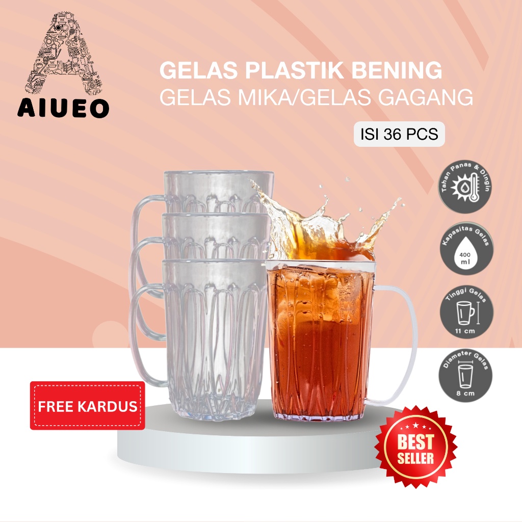 [Gratis Packaging Kardus] • 3 Lusin Gelas Gagang Plastik AIUEO  400ml - Gelas Bening Mika Warna Tahan Panas
