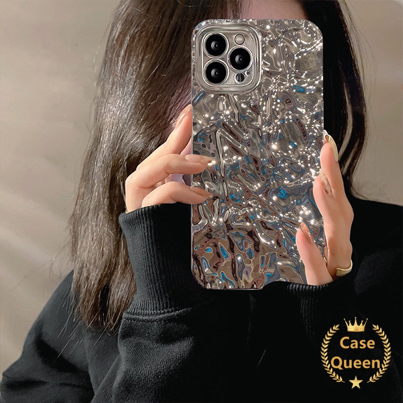 Ins Mewah Kreatif Electroplate Back Case Kompatibel Untuk IPhone XR XS X Max 7Plus 11 13 14 12 Pro Max7 6s 8 6 Plus SE 2020fashion Kreatif Perak Kerut Plating Cover